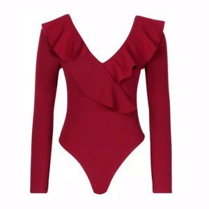 Boohoo Dark Red Ruffle Long Sleeved Bodysuit